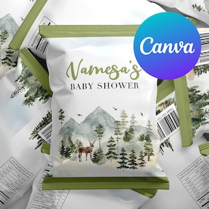 Baby Shower Boy Chip Bags Wild Adventure Awaits Woodland Animals Watercolor Forest Greenery Editable Template Printable Digital