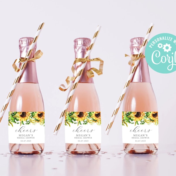 Mini Bridal Shower Champagne Bottle Labels Editable Template Favor Label Digital Sunny Yellow Flowers Sunflower Floral Rustic Country Corjl
