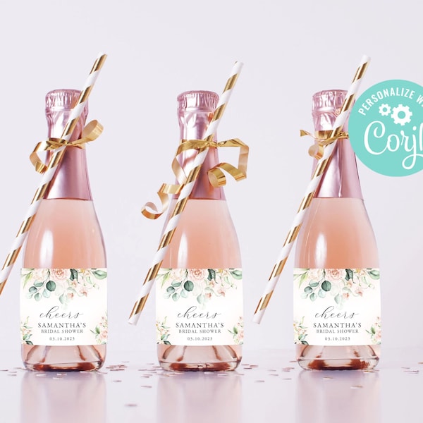 Mini Bridal Shower Champagne Bottle Labels Editable Template Favor Label Printable Digital Pink Blush White Roses Flower Sage Green Gold