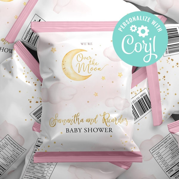 Baby Shower Girl Chip Bags We are Over the Moon Decoration Watercolor Gold Moon and Stars Decor Editable Template Printable Digital