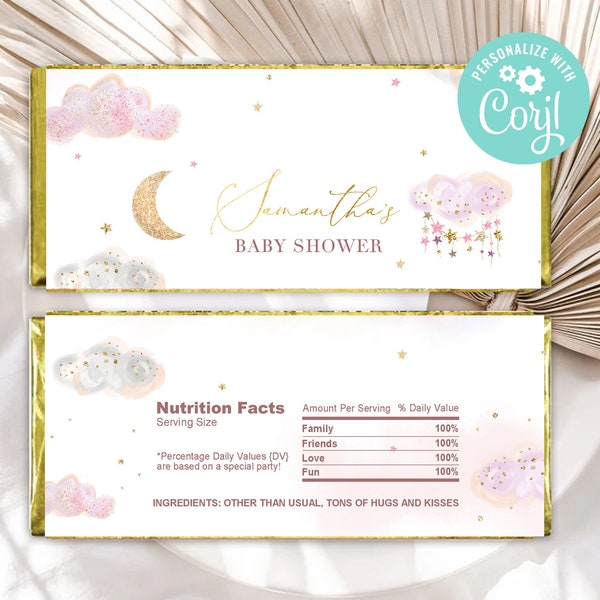 Baby Shower Girl Chocolate Wrapper Twinkle Little Star Decoration Gold Moon and Stars Pink Hershey Bar Labels Editable Template Printable