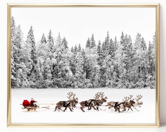 Christmas Wall Art Printable Xmas Home Decor Santa in Sleigh with Reindeers Trendy Poster Digital Download Rustic Nordic Decor Winter