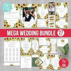 Bruiloft bundel sjabloon set uitnodiging Suite RSVP menuprogramma elegant welkomstbord zonnige gele bloemen zonnebloem bloemen rustiek land
