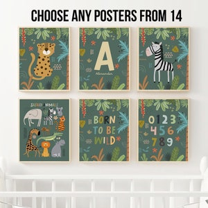 Safari animales vivero letra inicial impresión niños nombre arte personalizado niños nombre lienzo signo vivero pared arte dibujos animados cartel enmarcado decoración