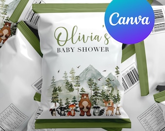 Baby Shower Chip Bags Adventure Awaits Rustic Greenery Woodland Animals Watercolor Forest Gender Neutral Editable Template Printable Digital