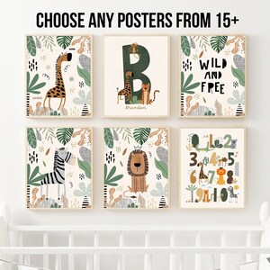 Safari animales vivero letra inicial impresión niños nombre arte personalizado niños nombre lienzo signo vivero pared arte dibujos animados cartel enmarcado decoración
