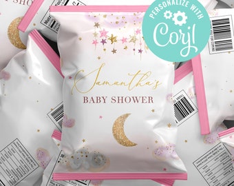 Baby Shower Chica Chip Bolsas Twinkle Twinkle Little Star Decoración Glitter Oro Luna y Estrellas Decoración Rosa Plantilla Editable Imprimible Digital