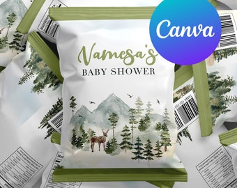 May include: Green and white chip bags with a watercolour design of mountains, trees, and a deer. The bags have a green border and the text "Namesa's Baby Shower" printed on them.