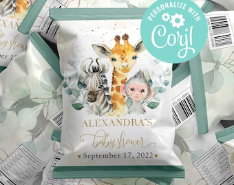 Baby Shower Boy Chip Bags Safari Animals Baby Zebra Giraffe Monkey Oh Boy Jungle Greenery Safary Editable Template Printable Digital