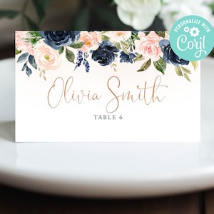 Plantilla de tarjeta de lugar de boda Tarjetas de asientos de mesa Nombre Descarga digital editable o Impreso Azul marino y Flor rubor Rosa Floral Imprimible
