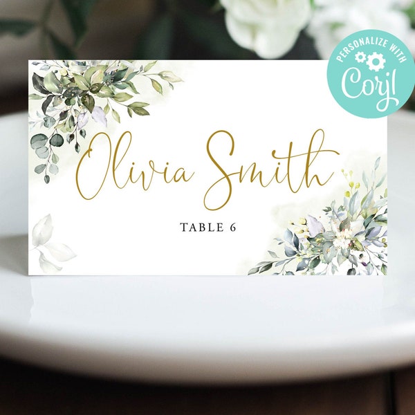 Wedding Place Card Template Table Seating Cards Name Editable Digital Download or Printed Greenery Gold Botanical Eucalyptus Leaves Corjl