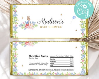 Peter Rabbit Baby Shower Chocolate Wrapper A Little Bunny Floral Greenery Blue Balloon Hershey Bar Labels Editable Template Printable