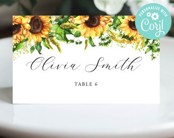 Wedding Place Card Template Table Seating Cards Name Digital Download or Printed Sunny Yellow Flowers Sunflower Floral Rustic Country Corjl