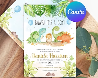 Dino Baby Shower Invitation Rawr It's a Boy Little Dinosaur Hatching Jurassic Greenery Invite Printable Editable Template Digital or Printed