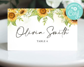 Wedding Place Card Template Table Seating Cards Name Digital Download or Printed Sunny Yellow Flowers Sunflower Floral Rustic Country Corjl