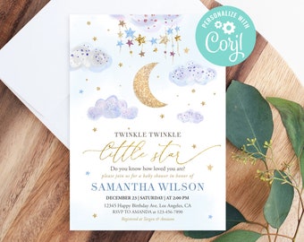 Twinkle Twinkle Little Star Baby Shower Invitation Boy Glitter Gold Moon and Stars Blue Printable Editable Template Digital Printed Invites