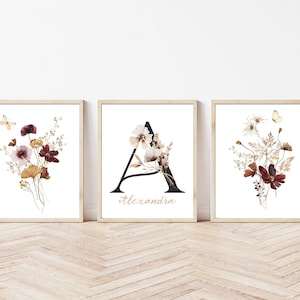 Flor de papoula berçário carta inicial impressão nome da menina do bebê personalizado crianças nome lona sinal boho arte da parede flores silvestres cartaz emoldurado decoração