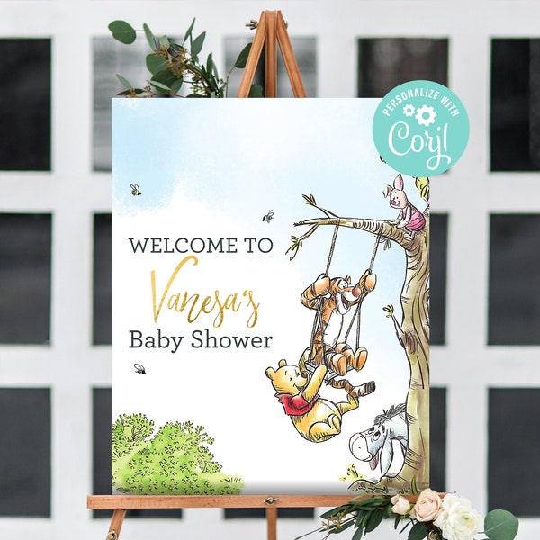 Baby Shower Welcome Sign Winnie the Pooh Tigger Piglet Eeyore Decoration Decor Welcome Outdoor Yard Sign Editable Template Printable