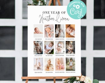 First Birthday Milestone Board Editable Baby's First Year Poster Template 1st Birthday Monthly Photo Collage Sign Digital Printable