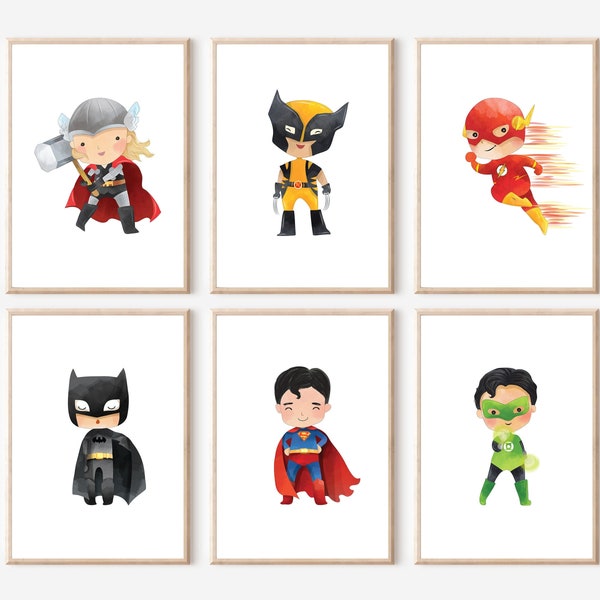 Cute Baby Superhero Nursery Wall Art Prints Boy Room Decor Poster Set Framed Canvas Kids Play Room Posters Printable Digital Download