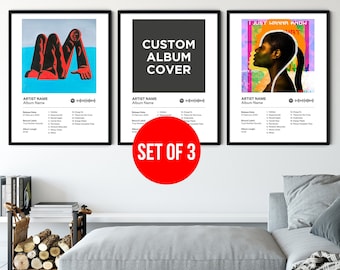 Custom Album Cover Set of 3 Poster Canvas Print Music App Wall Art Personalized Birthday Gift for Friend Album Art Favourite Album Print