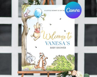 Oh Boy Baby Shower Signo de bienvenida Winnie the Pooh Little Hunny Piglet Tigger Decoración Bienvenido Patio al aire libre Signo Plantilla editable Imprimible