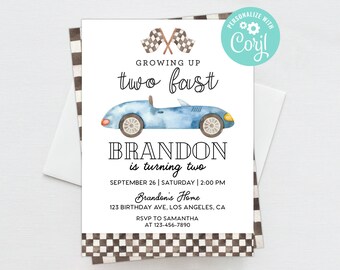 Racing Birthday Invitation Boy Second Birthday Party Printable Two Fast Party Editable Template Digital or Printed Invites