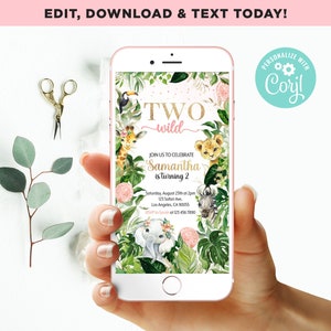 Two Wild Second Birthday Invitation Girl Digital Mobile Phone Electronic Email SMS Invite Jungle Safari Animals Party Editable Template