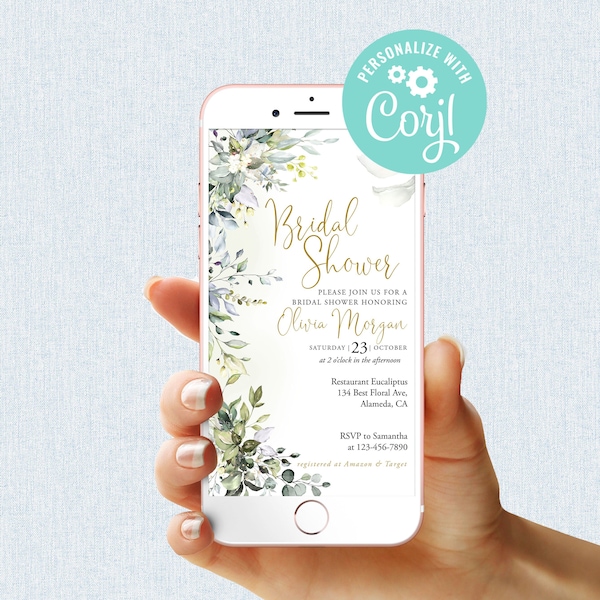 Bridal Shower Evite Template Editable Mobile Phone Electronic Email SMS Text Invitation Greenery Gold Botanical Eucalyptus Leaves Corjl