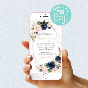 Wedding Evite Template Editable Digital Mobile Phone Electronic Email SMS Text Invitation Navy Blue and Blush Flower Pink Floral Geometric