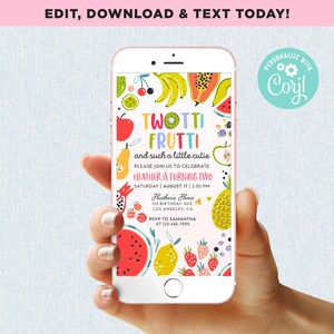Twotti Frutti Second Birthday Invitation Girl Tropical Summer Party Digital Mobile Phone Electronic Email SMS Invite Editable Template Corjl