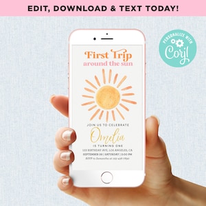 First Trip Around the Sun Birthday Invitation My Sunshine Is Turning One Boho Digital Mobile Phone Electronic Email SMS Editable Template