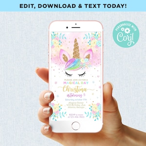 Unicorn Birthday Invitation Girl Instant Download Digital Magical Day Party Mobile Phone Electronic Email SMS Invite Editable Template Corjl