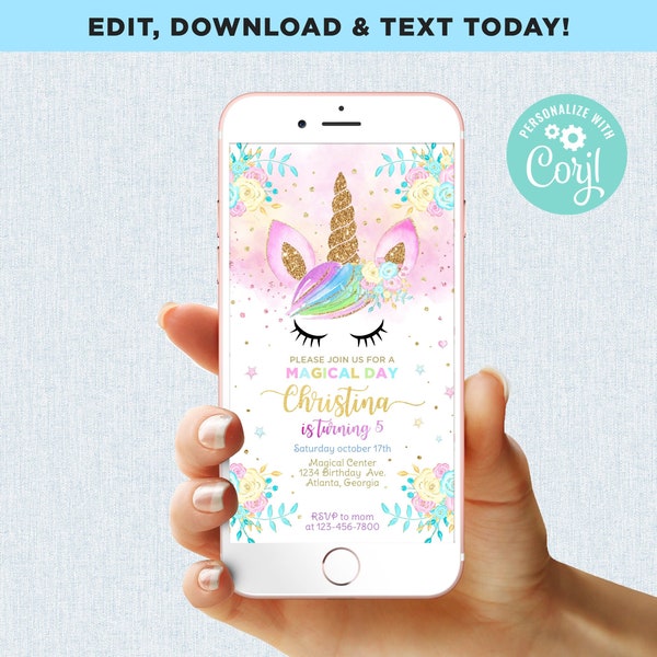 Unicorn Birthday Invitation Girl Instant Download Digital Magical Day Party Mobile Phone Electronic Email SMS Invite Editable Template Corjl