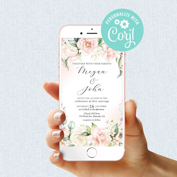 Wedding Evite Template Editable Digital Mobile Phone Electronic Email SMS Text Invitation Pink Blush White Roses Flower Sage Green Gold