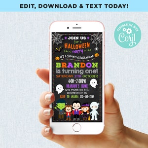 May include: A smartphone displays a Halloween party invitation. The invitation features a chalkboard-style background with Halloween-themed graphics, including bats, spiders, and ghosts. Text reads "Join us for a Halloween Party" and includes party details.