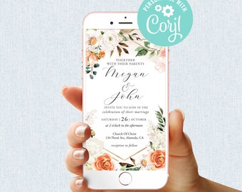 Könnte beinhalten: Eine digitale Hochzeitseinladung mit floralem Design. Die Einladung zeigt ein Pfirsich- und Weißes Blumenmuster mit goldenen Akzenten. Der Text lautet "Gemeinsam mit ihren Eltern laden Megan & John Sie ein, an der Feier ihrer Hochzeit teilzunehmen, Samstag | 26. Oktober um 14:00 Uhr, Church of Christ, 134 Floral Ave, Alameda, CA, Empfang im Anschluss."