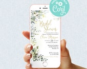 Bridal Shower Evite Template Editable Mobile Phone Electronic Email SMS Text Invitation Greenery Gold Botanical Eucalyptus Leaves Corjl