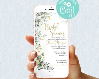 Bridal Shower Evite Template Editable Mobile Phone Electronic Email SMS Text Invitation Greenery Gold Botanical Eucalyptus Leaves Corjl