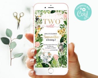 Two Wild Second Birthday Invitation Girl Digital Mobile Phone Electronic Email SMS Invite Jungle Safari Animals Party Editable Template