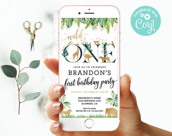 Wild One First Birthday Invitation Boy Digital Mobile Phone Electronic Email SMS Invite Jungle Safari Animals Party Editable Template Corjl