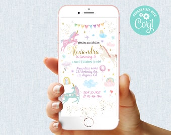 Unicorn Birthday Invitation Girl Instant Download Digital Magical Day Party Mobile Phone Electronic Email SMS Invite Editable Template Corjl