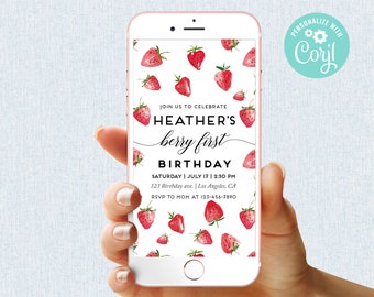 Berry First Birthday Invitation Girl Strawberry Birthday Party Digital Mobile Phone Electronic Email SMS Invite Editable Template Corjl