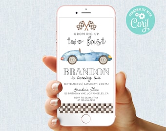 Racing Birthday Invitation Boy Digital Mobile Phone Electronic Email SMS Second Birthday Party Invite Editable Template Corjl