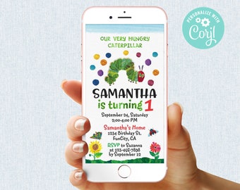 Very Hungry Caterpillar First Birthday Invitation Girl Digital Mobile Phone Electronic Email SMS Invite Editable Template Corjl