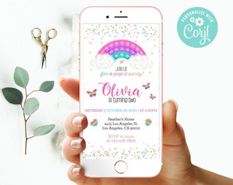 Rainbow Pop It Birthday Invitation Girl Instant Download Digital Pop Fidget Party Mobile Phone Electronic Email SMS Invite Editable Template