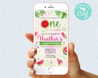 One in a Melon Invitation Girl First Birthday Watermelon Party Invite Summer Digital Mobile Phone Electronic Email SMS Editable Template