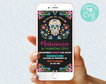 Day of the Dead Birthday Invitation Girl Sugar Skull Digital Halloween Party Mobile Phone Electronic Email SMS Invite Editable Template