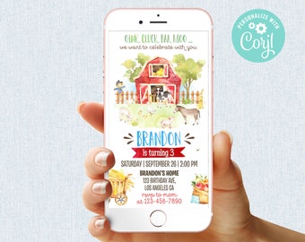 Farm Birthday Invitation Boy Barn Party Digital Mobile Phone Electronic Email SMS Evite Farm Animals Barnyard Invite Editable Template Corjl
