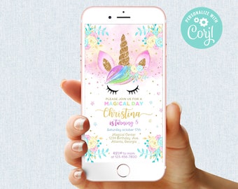 Unicorn Birthday Invitation Girl Instant Download Digital Magical Day Party Mobile Phone Electronic Email SMS Invite Editable Template Corjl